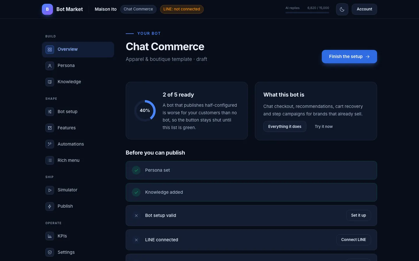 The builder, showing the publish checklist and the bot’s own setup panel