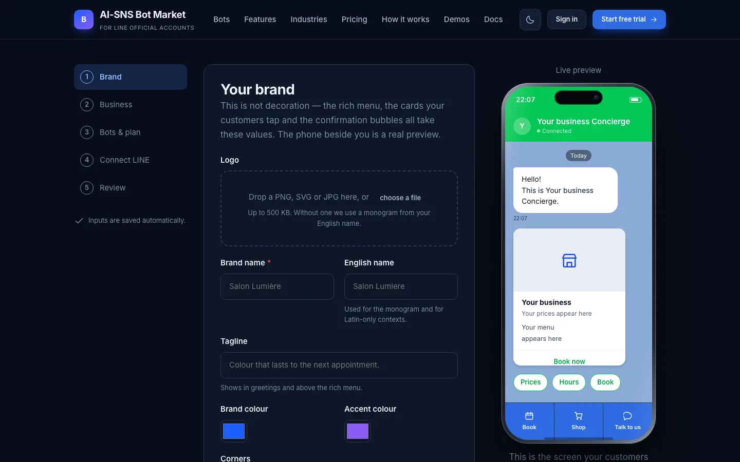 Step 1 of the setup wizard: brand name, colours and a live preview of the LINE screen