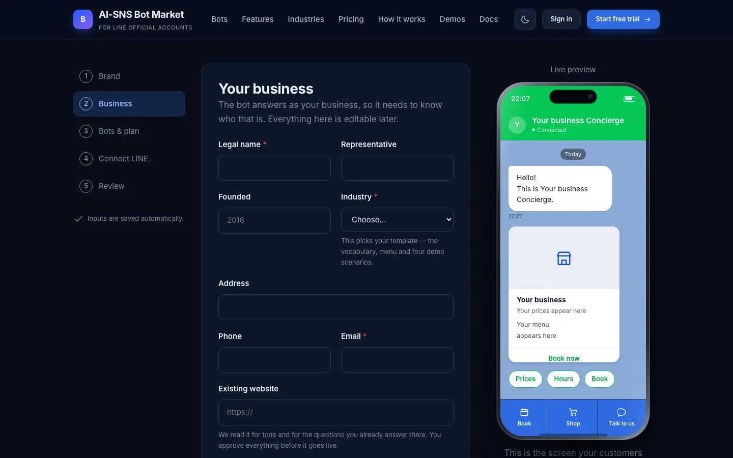 Step 2 of the setup wizard: business details and the industry template picker